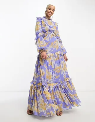 ASOS DESIGN embellished lace trim maxi dress with blouson sleeve in lilac floral print