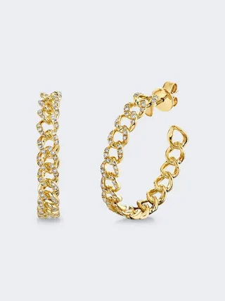 Mini Pave Diamond Link Hoop Earrings 18k Yellow and White Gold