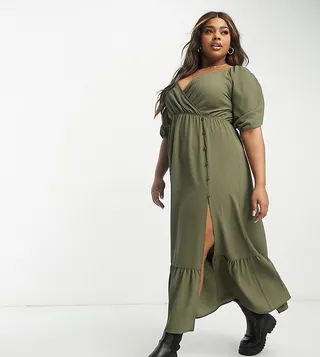 ASOS DESIGN Curve wrap bodice button up skirt with pep hem midi dress in olive