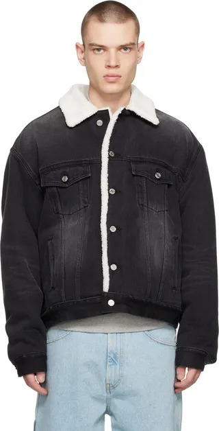 We11done Black Oversized Faux-Shearling Denim Jacket