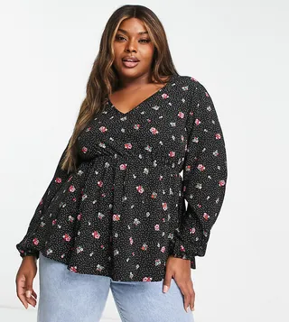 Simply Be long sleeve blouse with peplum hem in black ditsy floral