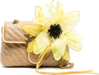 Flower-Detail Raffia Shoulder Bag