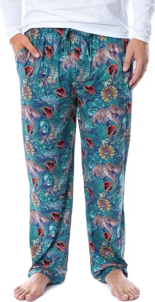 Jurassic Park Mens' Dinosaur Film Logo Tropical Sleep Pajama Pants (Medium) Green
