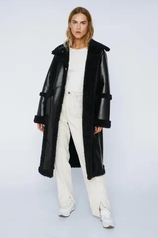 Nasty Gal Womens Premium Faux Leather Borg Lined Longline Coat
