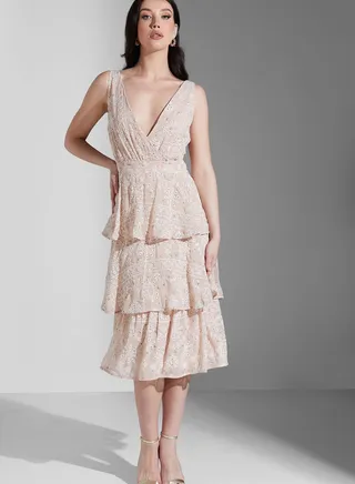 Floral Broiderie Bow Back Tiered Midi Dress