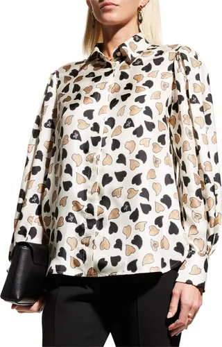 Vanadio Monogram Heart-Print Collared Silk Shirt