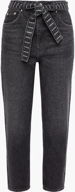 Crystal-embellished belted boyfriend jeans