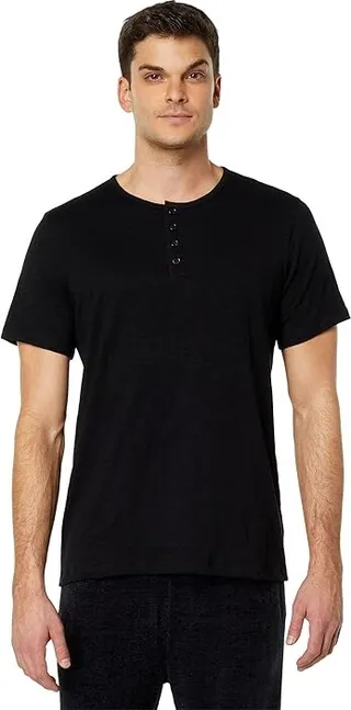 Barefoot Dreams Malibu Collection(r) Slub Henley Tee (Black) Men's Clothing