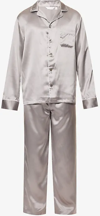 Mens Silver Bailey Piped Silk Pyjamas