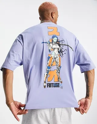 ASOS DESIGN oversized t-shirt in purple cotton blend with anime back print - LILAC