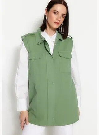 Khaki Waist Smocking Detail Woven Gabardine Vest TCTSS23YL00001