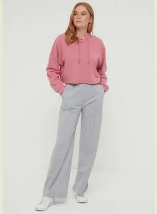 Gray High Waist Wide Legs Rib Detailed Wide Leg Knitted Sweatpants TCTSS22EI0002.