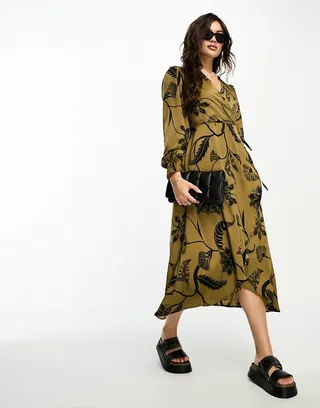 AX Paris wrap midi dress in gold and black floral