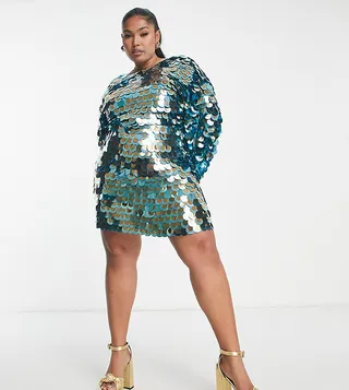 ASOS DESIGN Curve all-over disc sequin mini dress with multi layered detail in blue