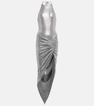Asymmetrical halterneck midi dress