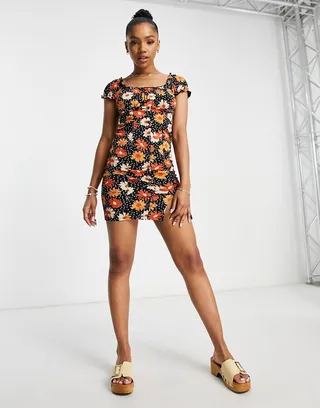 Miss Selfridge fitted button through mini dress in black stamp sunflower