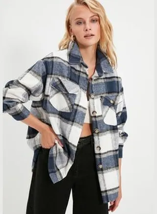 Multi Color Plaid Oversize Woven Jacket Shirt TWOAW21GO0273