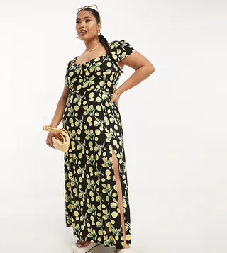 ASOS DESIGN Curve viscose sweetheart neckline split front midi dress in lemon print