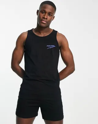 Jack & Jones tank and shorts lounge set in black