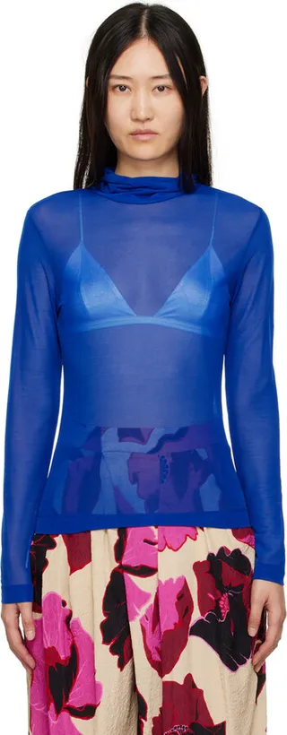 Dries Van Noten Blue Semi-Sheer Turtleneck