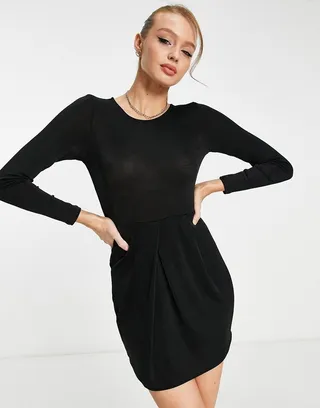 Monki long sleeve shiny drape dress in black