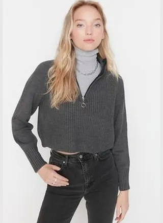 Anthracite Crop Zipper Detailed Knitwear Sweater