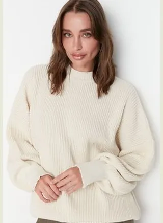 Wide Fit Ecru Crew Neck Knitwear Sweater TWOAW23KZ01448