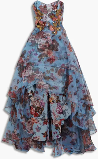Strapless embellished floral-print organza gown