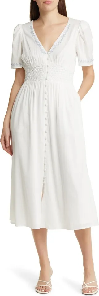 Kamryn Embroidered Smocked Waist Organic Cotton Blend Midi Dress