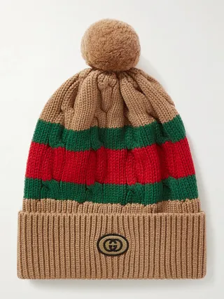 Cable-Knit Striped Wool Beanie