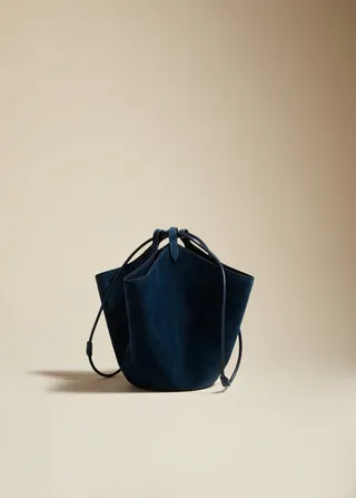 The Mini Lotus Drawstring Bag in Midnight Suede