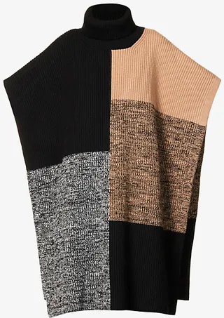 Womens Camel Combo Colourblock Merino-wool Knitted Collage Poncho
