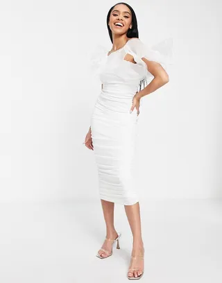 ASOS LUXE wired ruffle one shoulder ruched midi dress in white