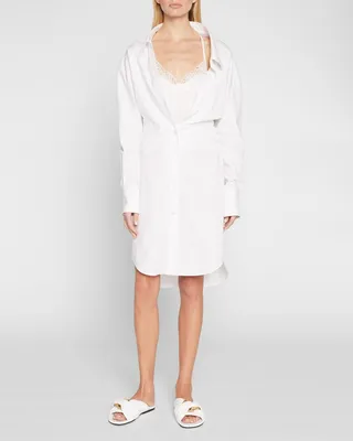 Lace Slip Layered Collared Shirtdress