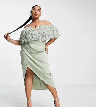 ASOS DESIGN Curve 2 piece off shoulder pencil wrap tuck faux feather midi dress in sage