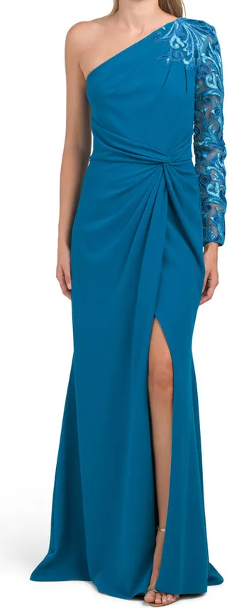 One Shoulder Gathered Waist Gown With Front Slit
