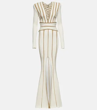 Striped ribbed-knit gown
