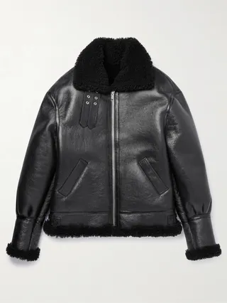 Shearling-Lined Textured-Leather Bomber Jacket