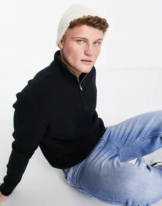 Abercrombie & Fitch soft knit relaxed fit half zip sweater in black