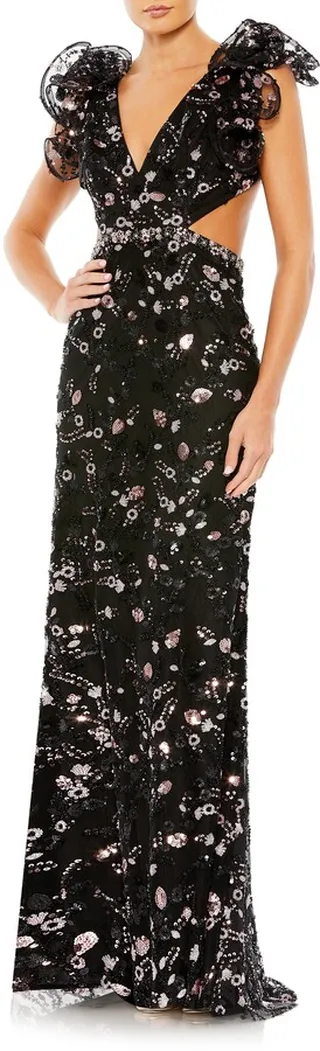Sequin Ruffle Shoulder Lace-Up Back Sheath Gown