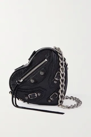 Balenciaga - Le Cagole Heart Mini Studded Crinkled-leather Shoulder Bag - Black