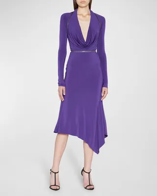 Plunging Zipper Convertible Asymmetric Jersey Midi Dress