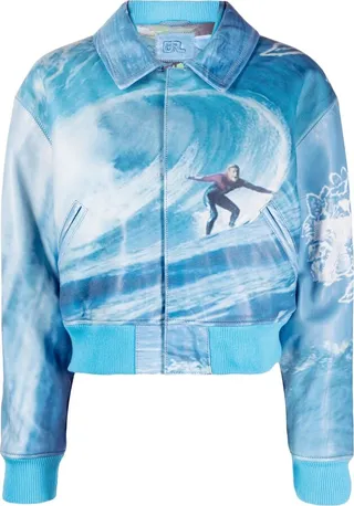 Blue Surf Graphic Print Bomber Jacket
