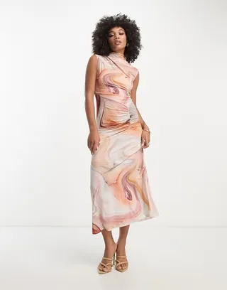 ASOS DESIGN sleeveless high neck maxi dress with ruched skirt in tonal marble