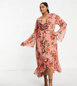 ASOS DESIGN Curve ruffle detail plunge midi dress with corsage in crinkle in pink floral print