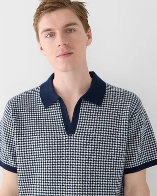 Cashmere short-sleeve johnny-collar sweater-polo in houndstooth