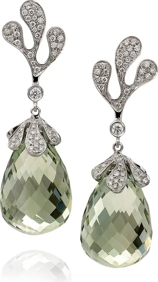 Sea Leaf 18k White Gold Diamond & Green Amethyst Earrings