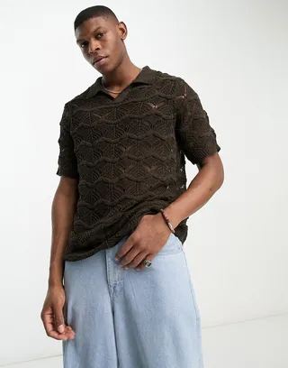 ASOS DESIGN textured knit notch neck t-shirt in brown