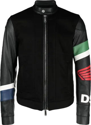Embossed-Logo Zipped Leather Jacket