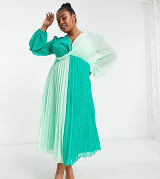 ASOS DESIGN Curve textured twist front pleated midi dress in green color block